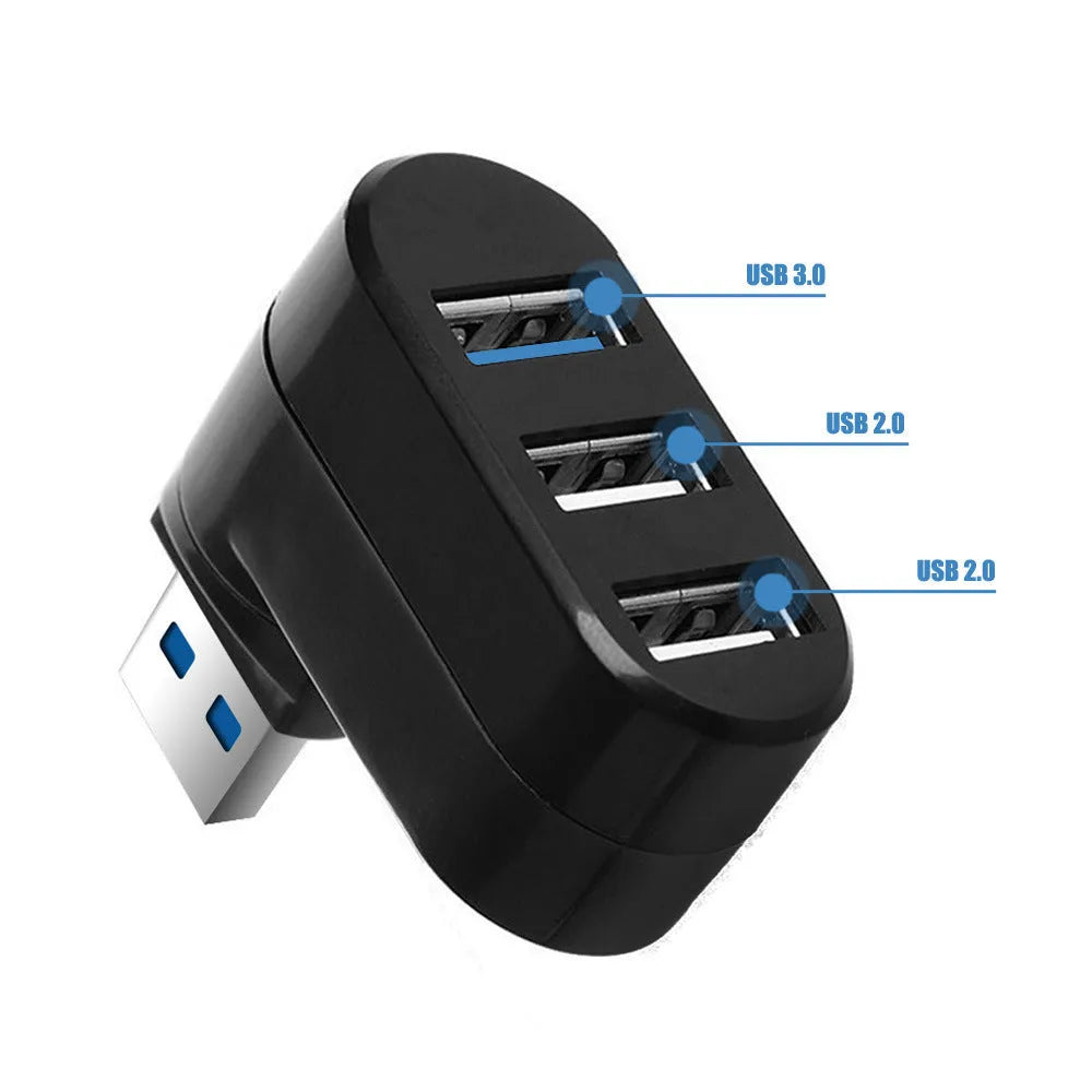 Black USB rotary splitter hub showing four USB ports on a rotating white body.