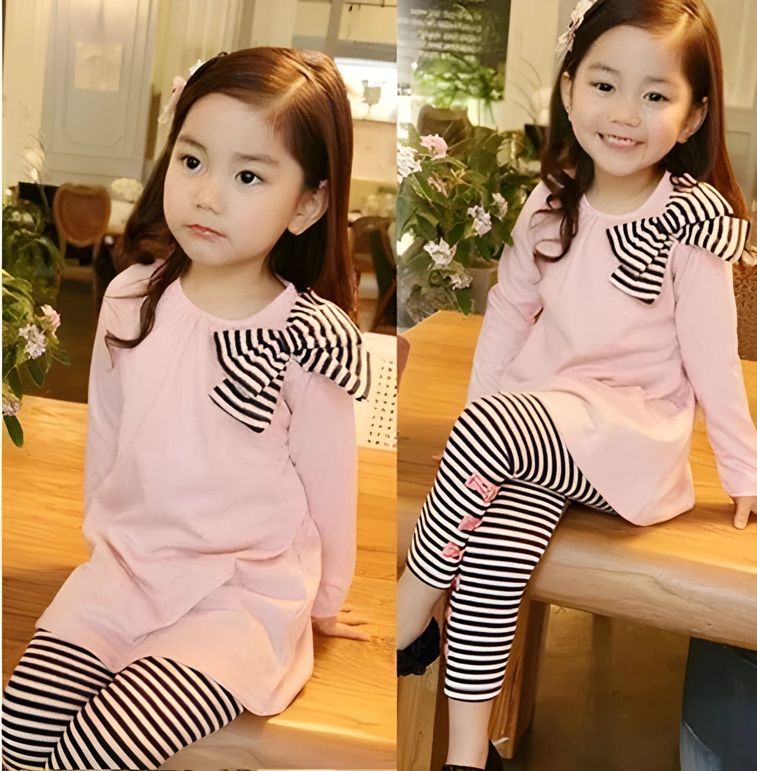 Pink cotton girls clothing set showing complete outfit in measured sizes