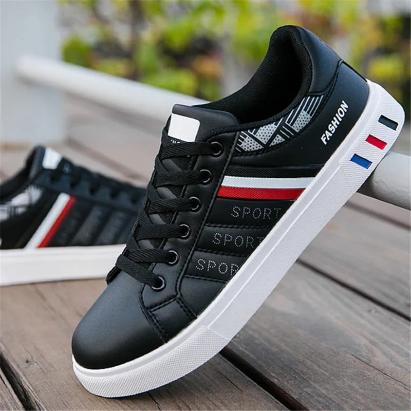Men's sports shoes in black, grey, and white colours, showing size tags from 39 to 44.