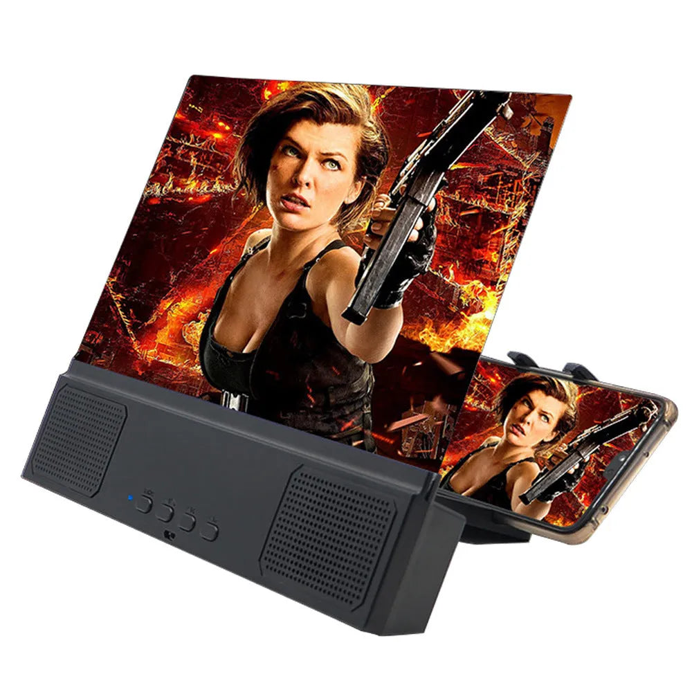 12-inch mobile phone screen amplifier with black ABS housing and built-in speaker for audio playback.