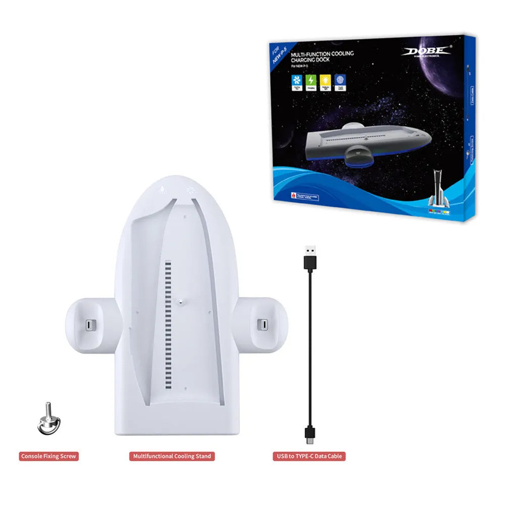 White PS5 Slim multifunction charging base with cooler fan and RGB ambient lighting.