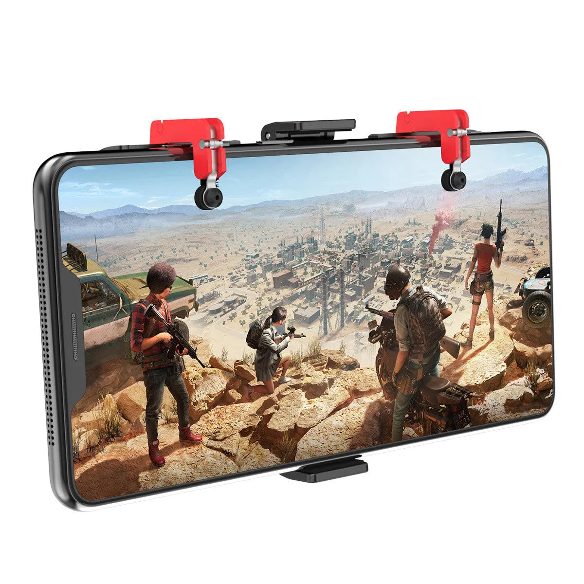 Black mobile phone gaming trigger bracket with adjustable clamp and metal trigger mechanism