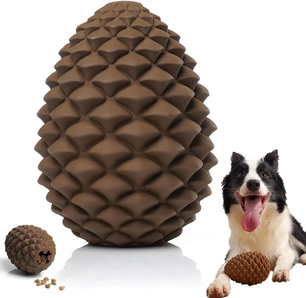 Yellow pine cone shaped natural rubber dog chew toy with textured surface and treat dispensing opening
