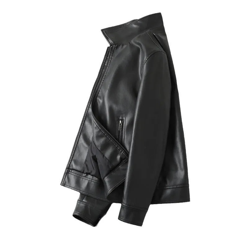 Men's black loose fit PU leather casual jacket with zip front