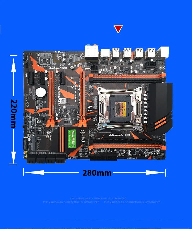 Black X99 ATX motherboard with LGA2011-3 socket, four DDR4 slots, dual PCI-E x16 slots, and heatsink array
