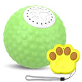 Remote control and a blue interactive cat ball toy on a wooden floor.