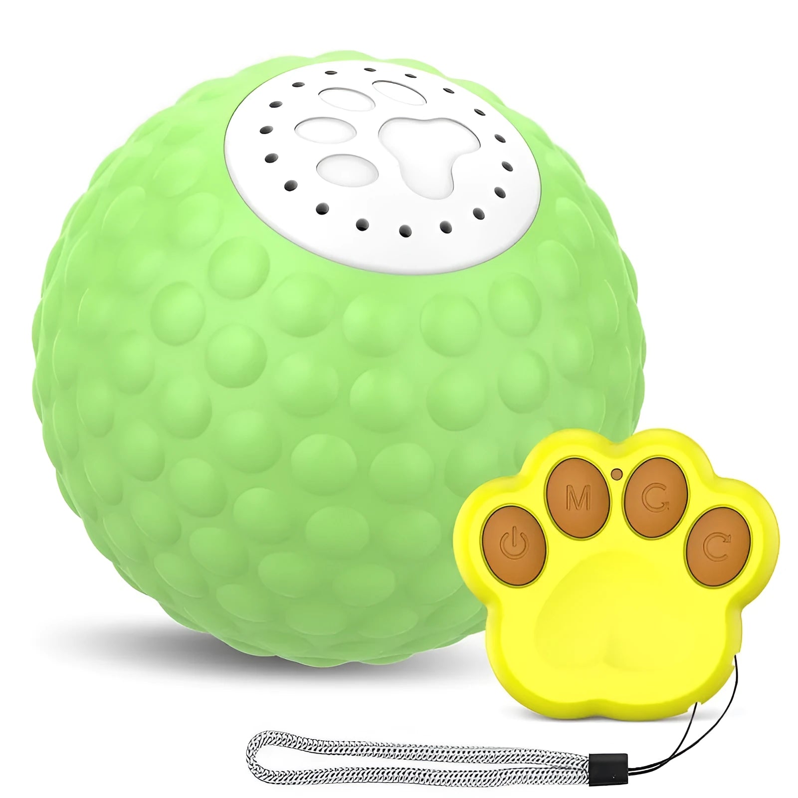 Remote control and a blue interactive cat ball toy on a wooden floor.