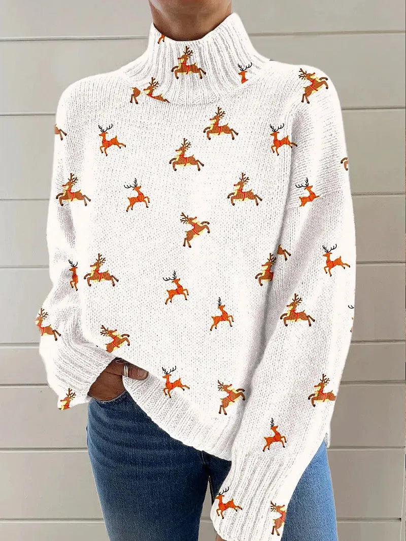 Women's Christmas printed turtleneck sweater in loose fit pullover style with long sleeves