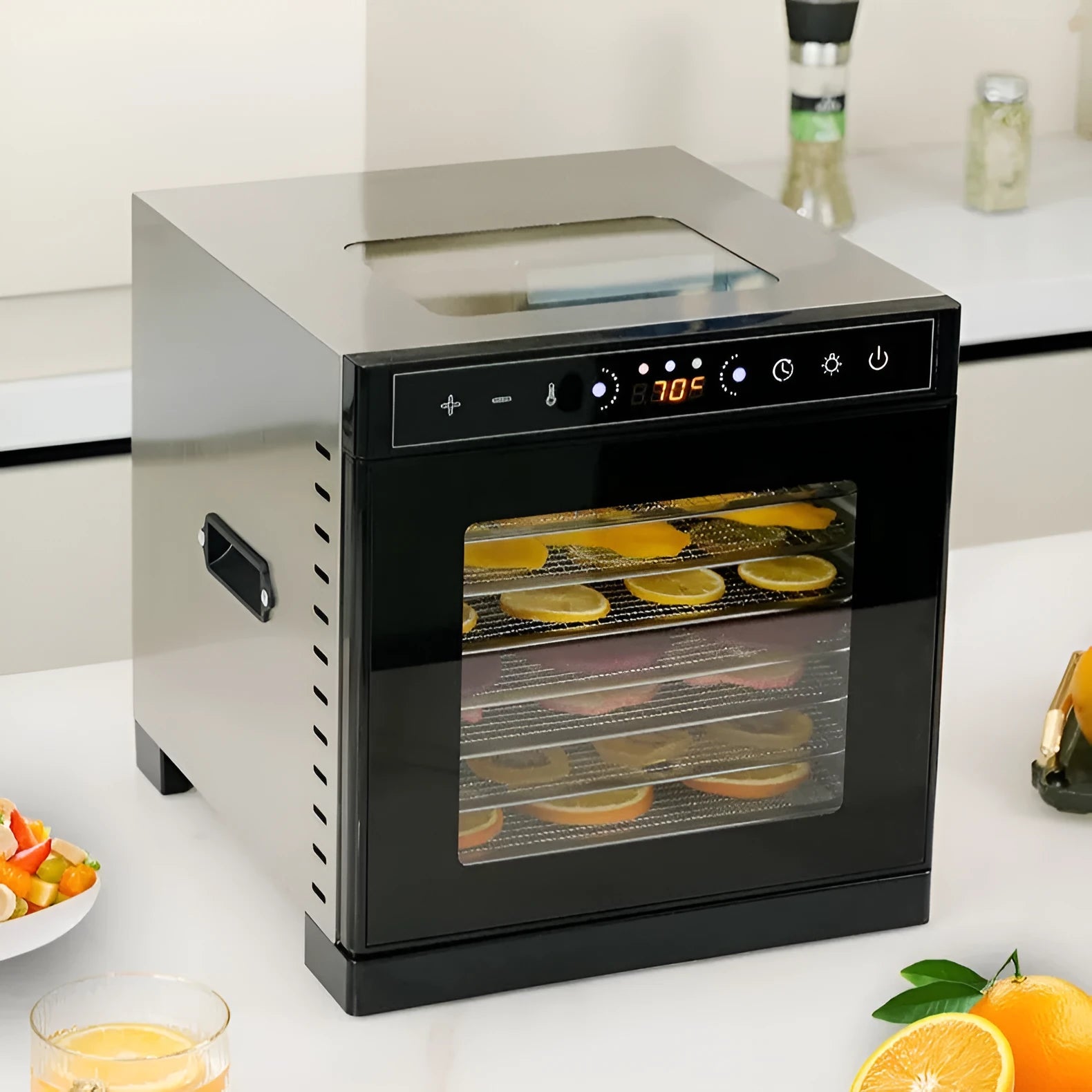 Stainless steel fruit dehydrator with transparent skylight showing drying trays inside