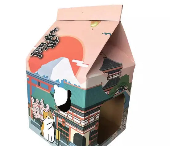 Foldable corrugated paper cat scratcher with Nagoya pattern that converts to enclosed cat nest