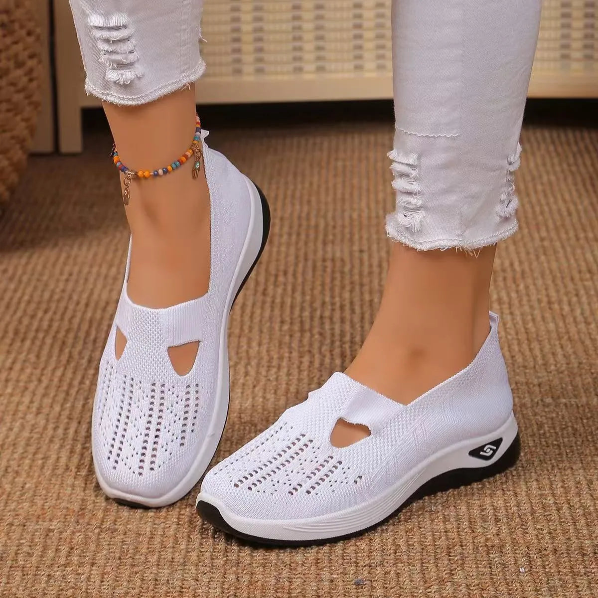 Women's casual low-top mesh shoes with a T-strap and soft PVC sole in multiple colours.