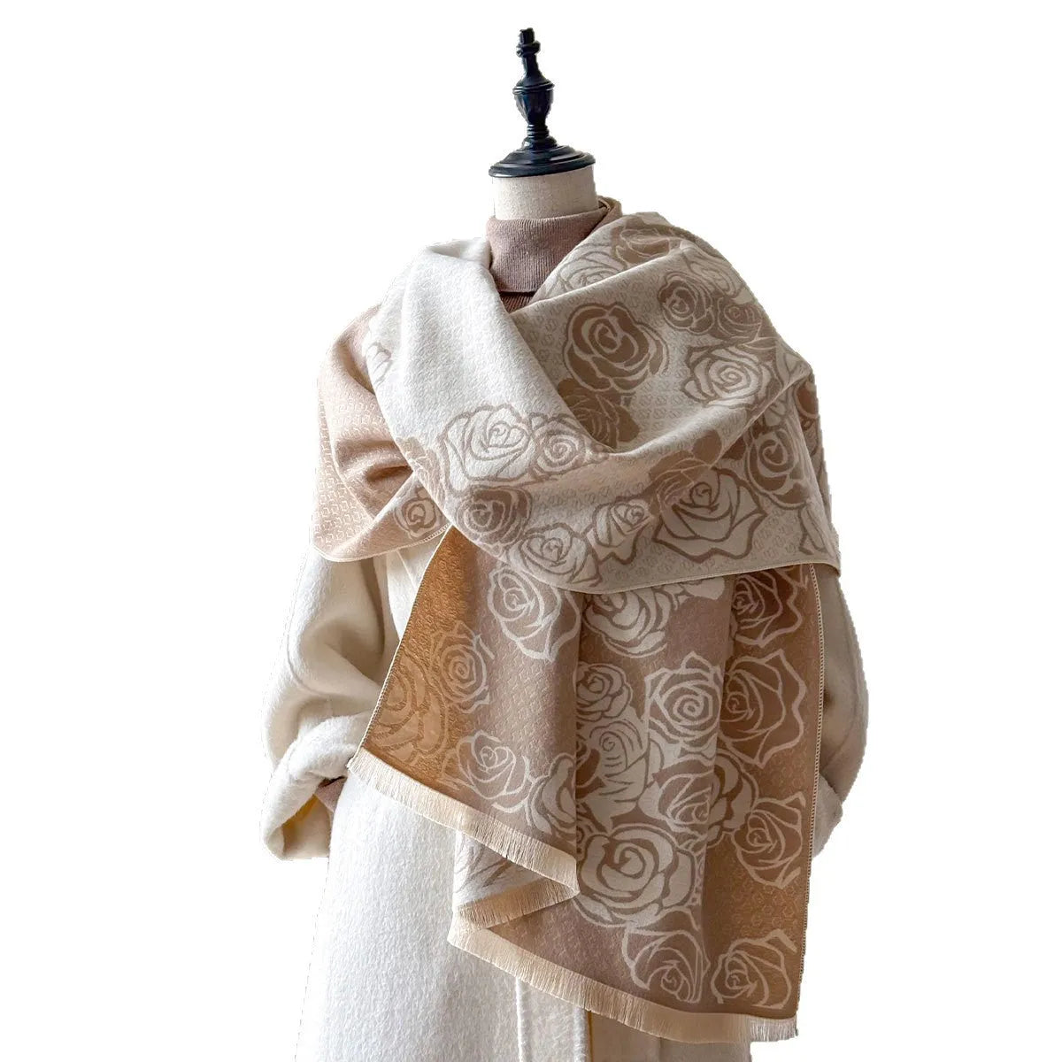 Long grey imitation cashmere scarf with tassels laid flat to show 185cm length.