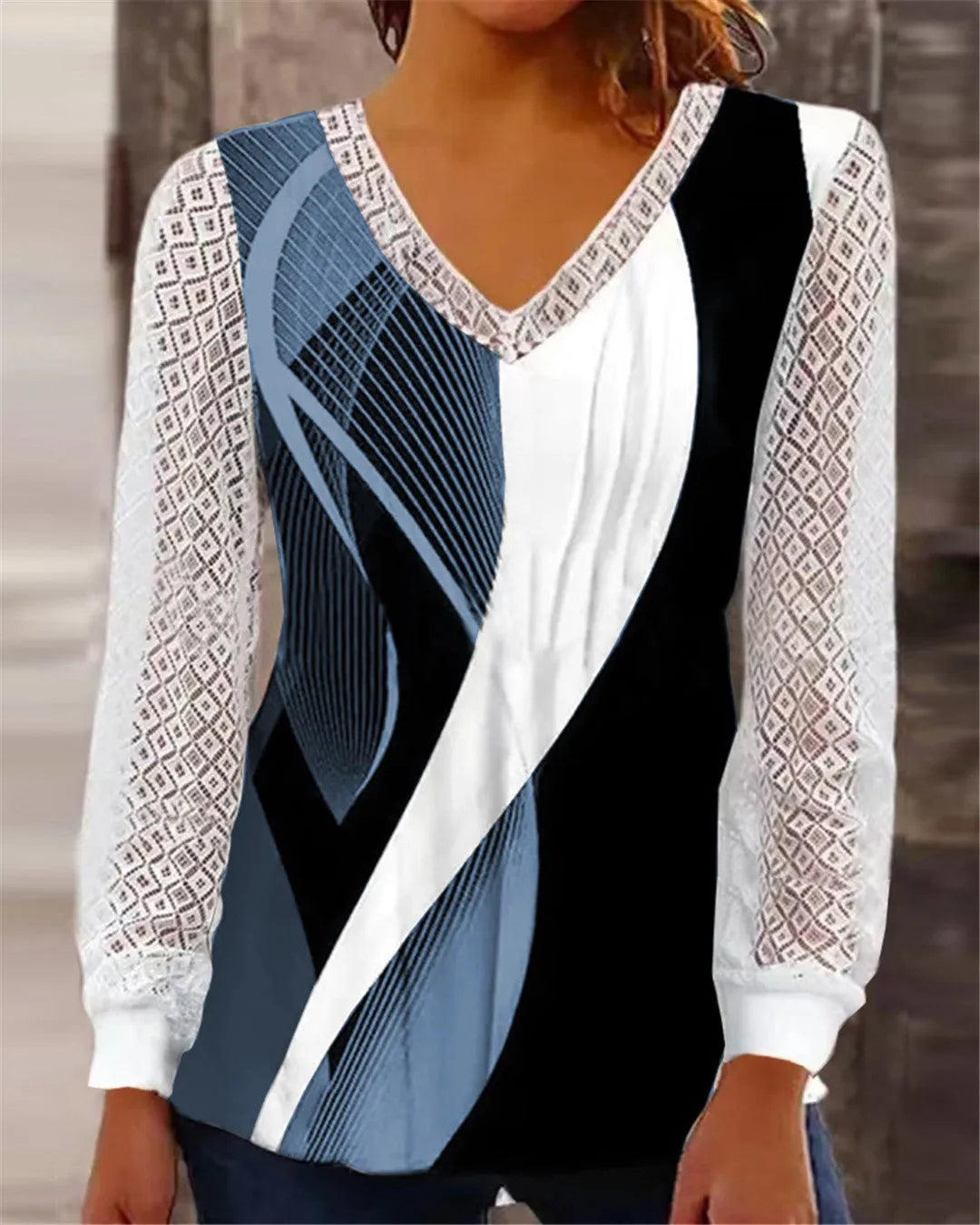 Women's loose v-neck top with hollow-out lace print in purple colour