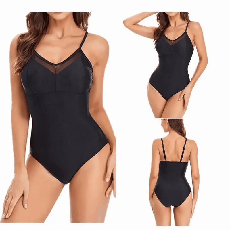 Women's solid colour backless one-piece swimsuit in mesh fabric