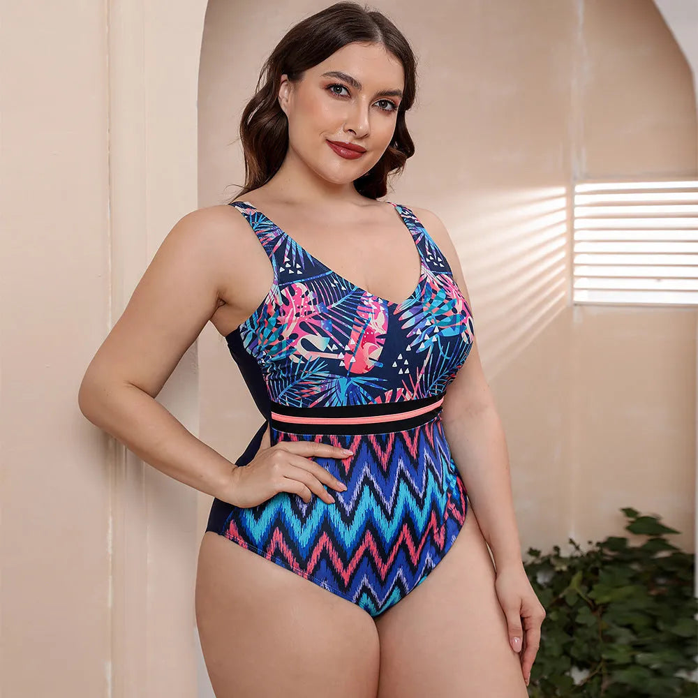 Women's striped spaghetti strap printed one-piece swimsuit in blue pattern design