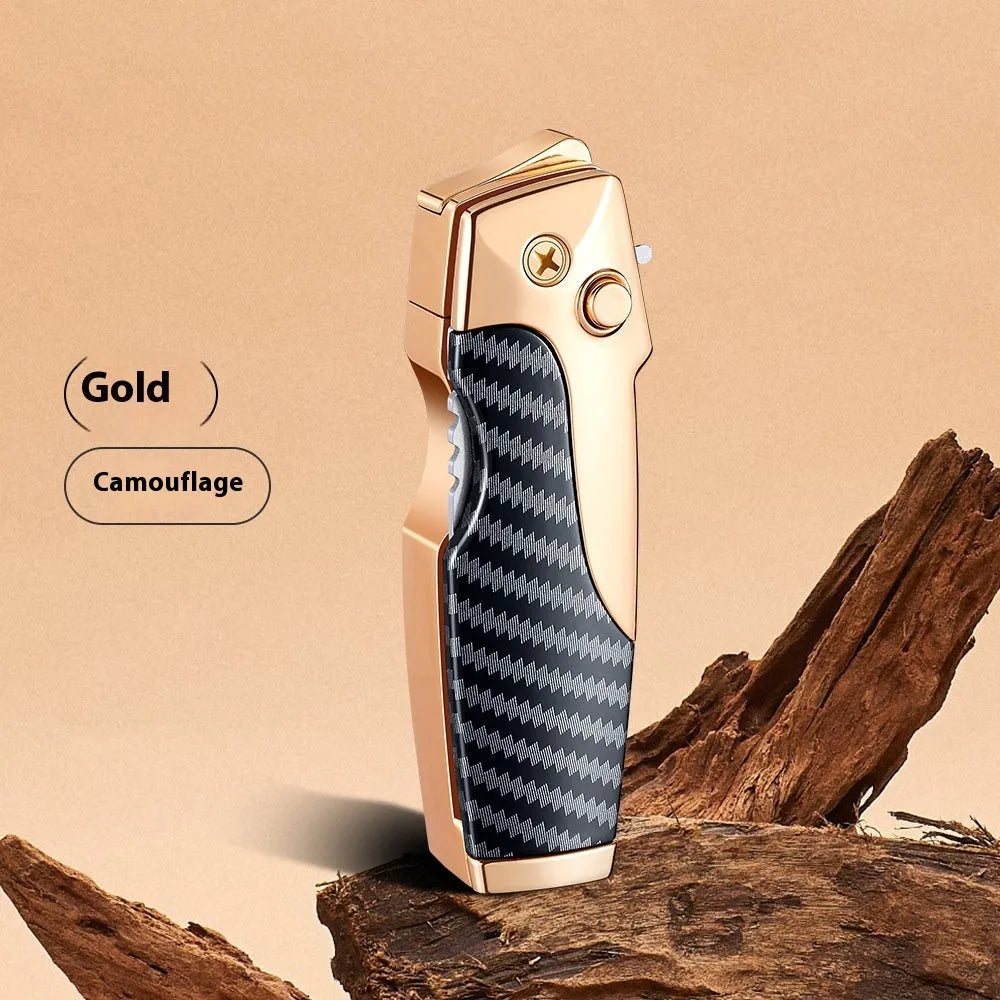 Zinc alloy folding lighter tool with integrated knife in a black wood grain finish.