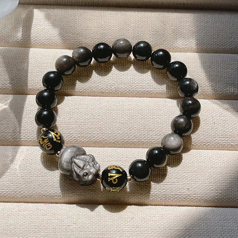 Silver stone men's bracelet with Chinese beaded design and engraved proverbs