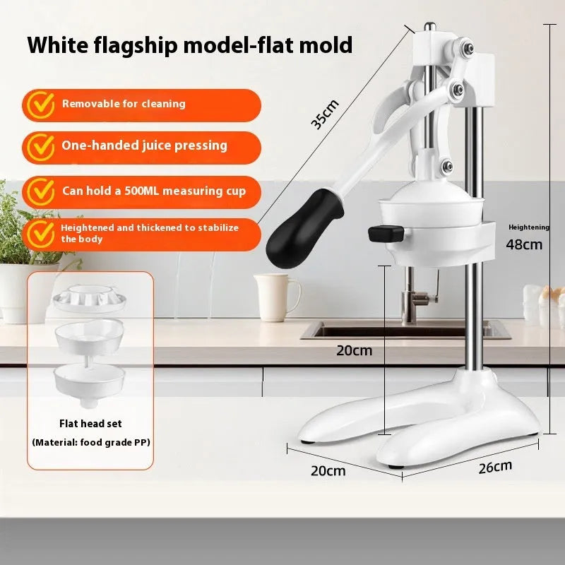 Manual stainless steel and nylon orange juicer with 480cm size on a kitchen counter.