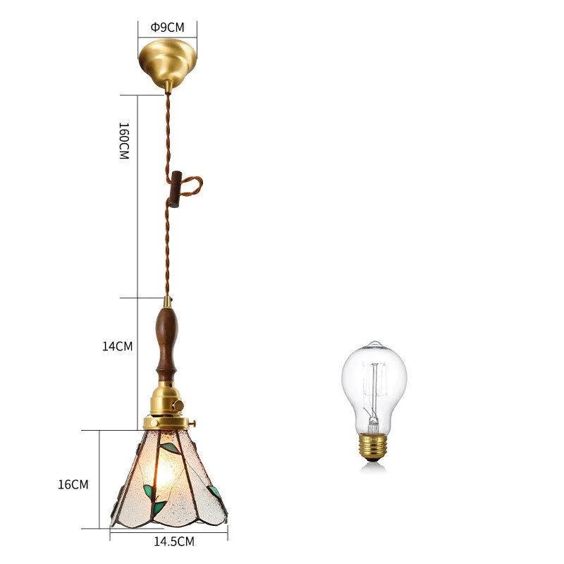 Japanese retro brass and glass chandelier with hand-blown shades, walnut wood accents, and hemp rope light line
