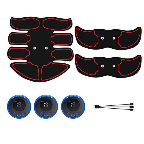 Abdominal muscle stimulation patch with digital display and three-piece design for six-pack massage