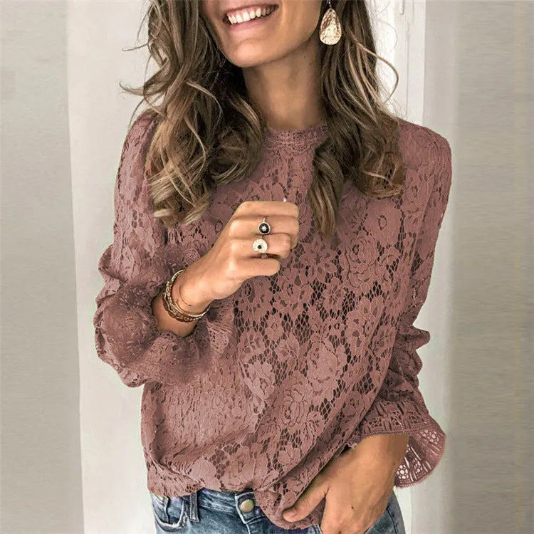 Women's hollow lace shirt loose fit streetwear in multiple colours with round neck collar