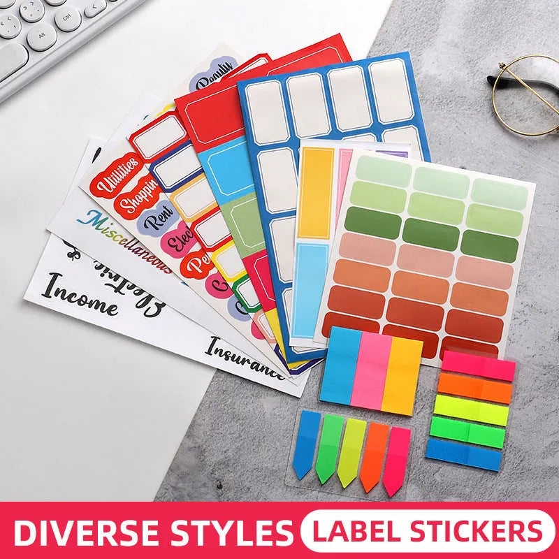 Handwritten label adhesive sticker collection showing multiple grid formats and colour options