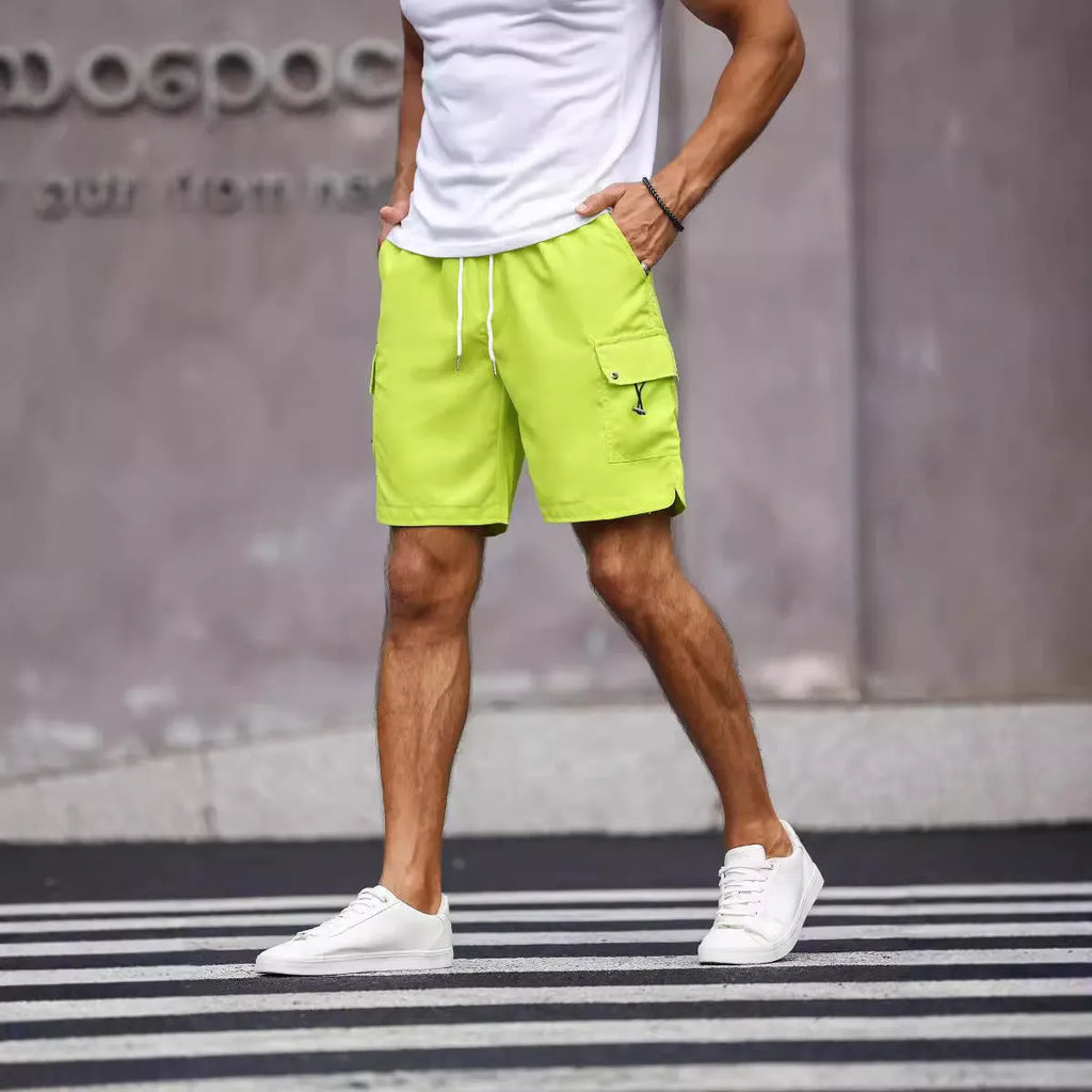 Men's loose fit work shorts in fluorescent green or army green colours with straight leg design
