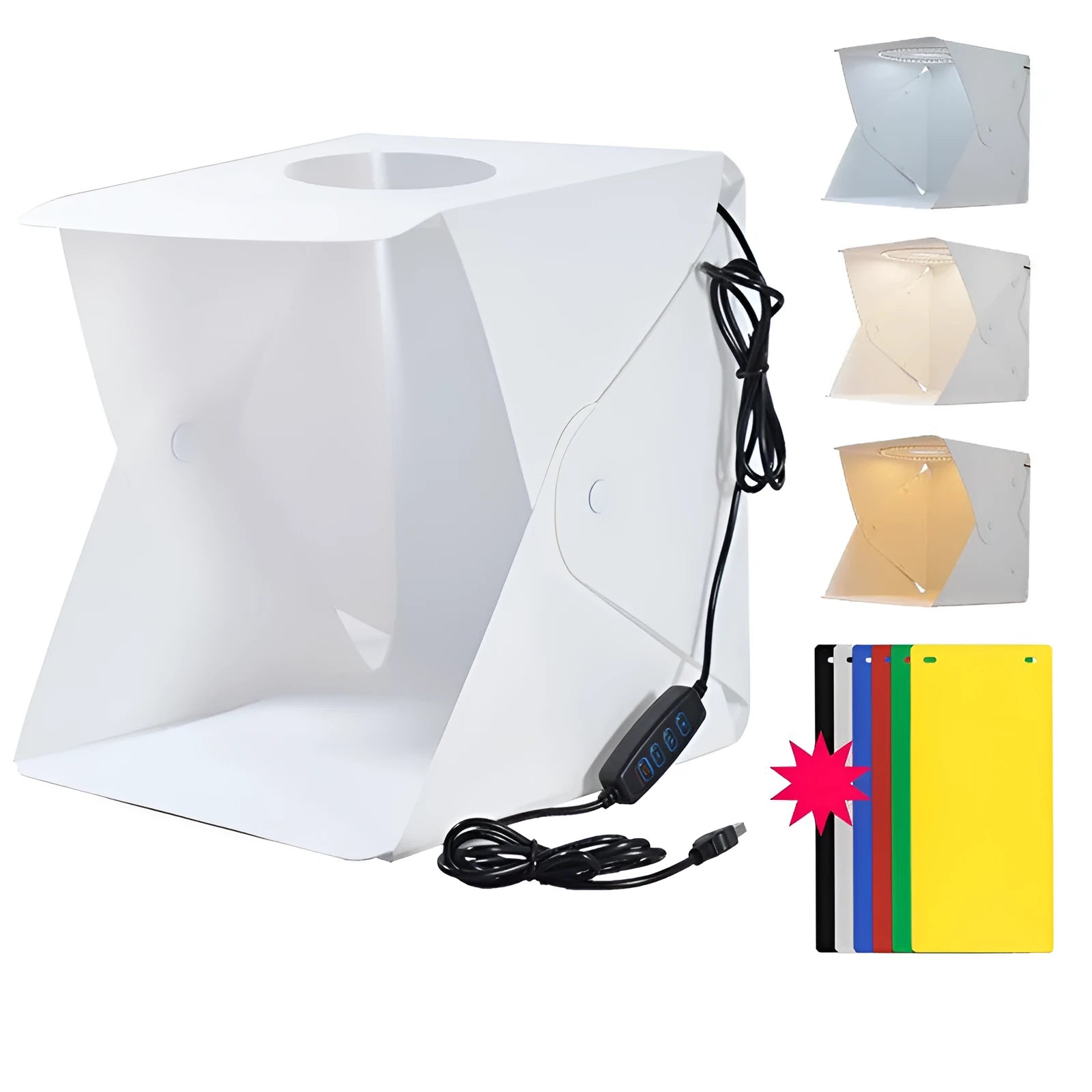 40cm folding studio LED soft light box with six coloured background cloths and USB cable