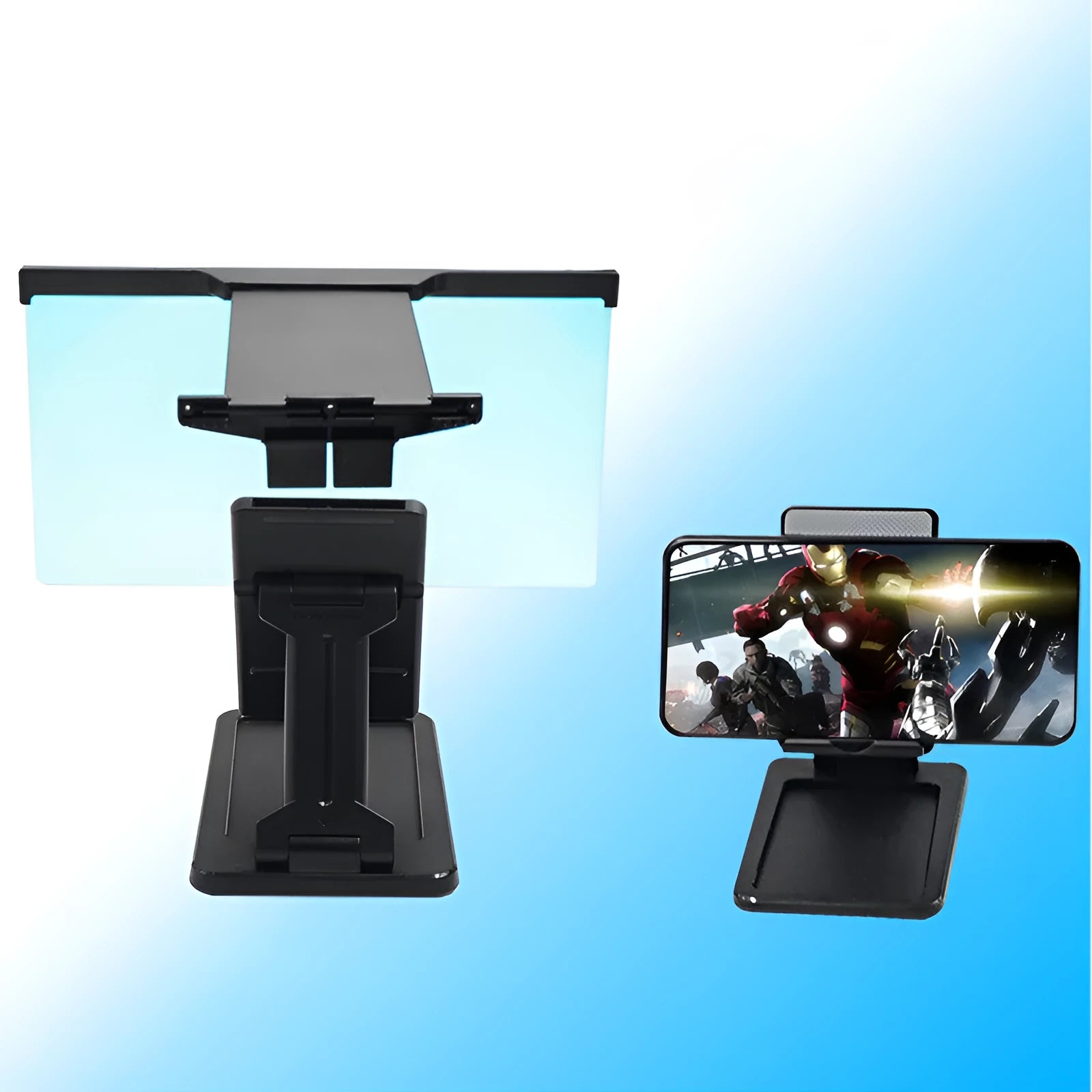 Black L20 split-screen mobile phone magnifier and separate phone bracket on a table.