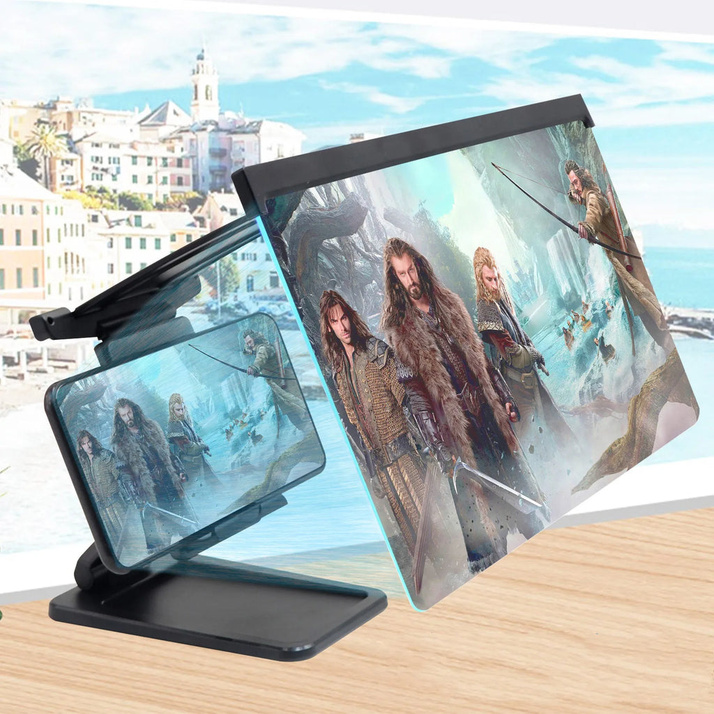 Black L20 split-screen mobile phone magnifier and separate phone bracket on a table.