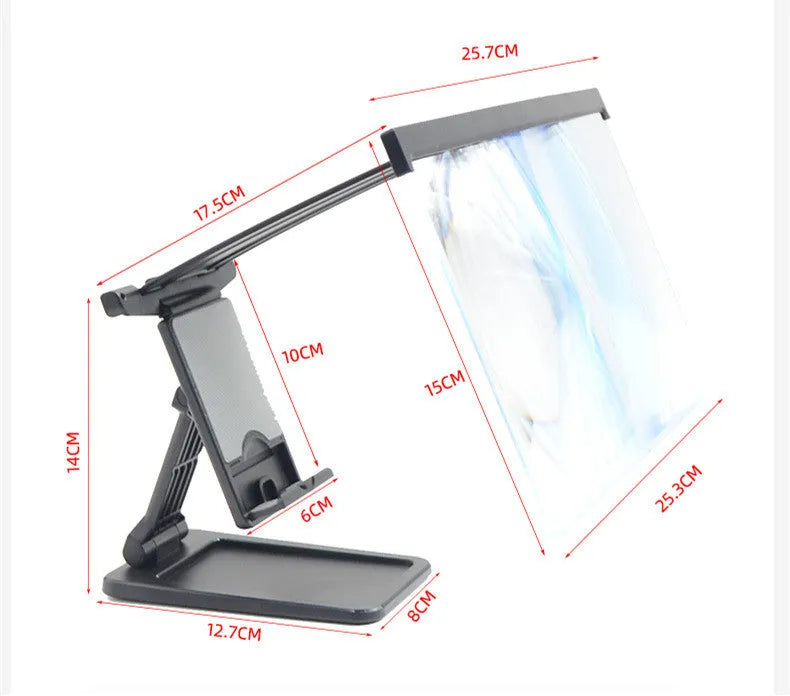 Black L20 split-screen mobile phone magnifier and separate phone bracket on a table.