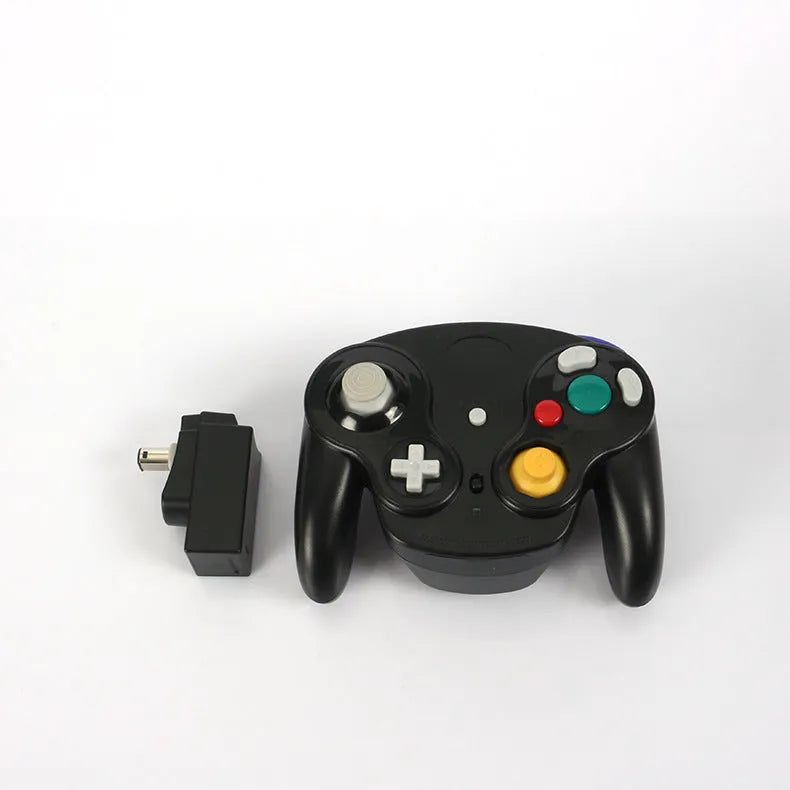 NGC 2.4G wireless game controller for Wii and GameCube consoles in various colours on a white background.