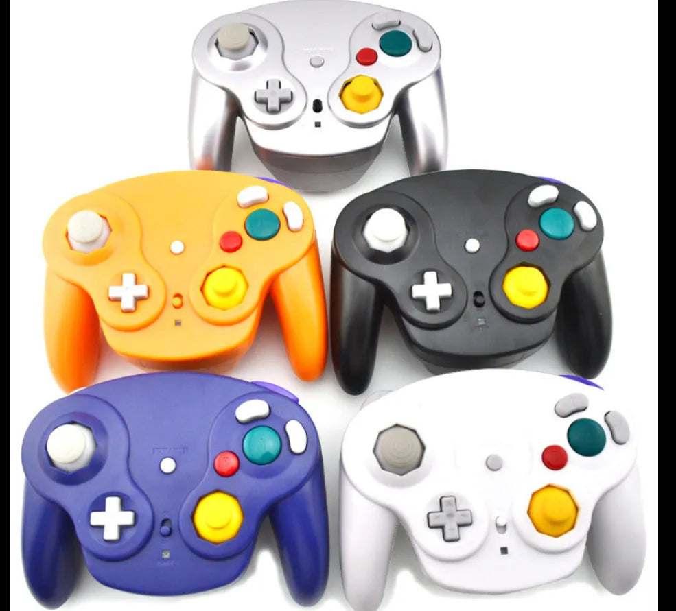 NGC 2.4G wireless game controller for Wii and GameCube consoles in various colours on a white background.