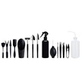 Black mini garden hand tools set for succulent plants, showing scissors, tweezers, watering bottle, shovel, and cushion.