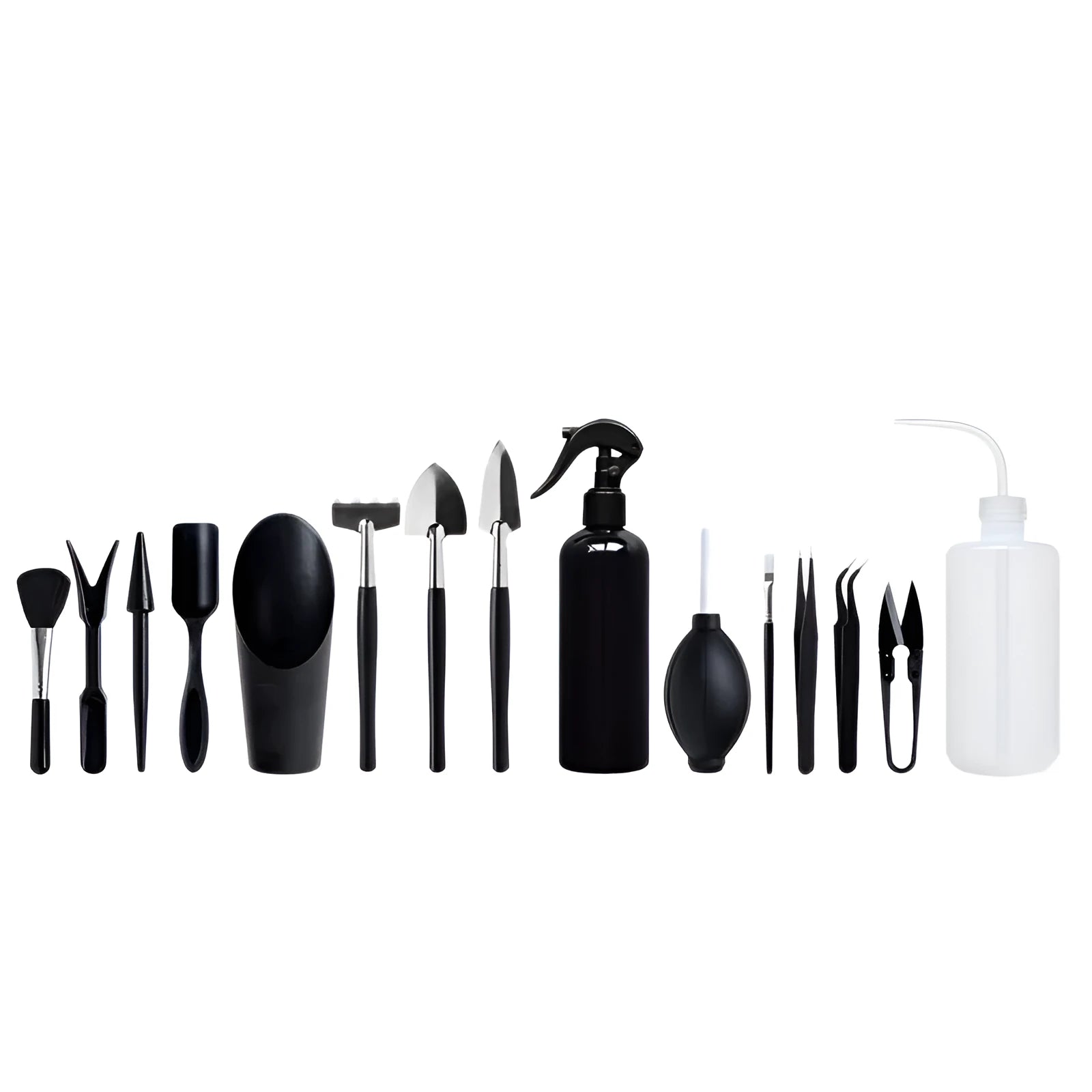 Black mini garden hand tools set for succulent plants, showing scissors, tweezers, watering bottle, shovel, and cushion.