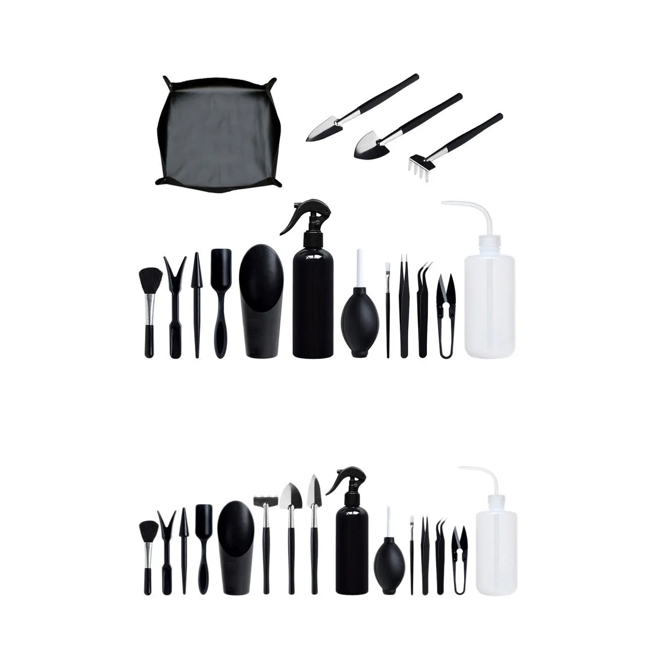Black mini garden hand tools set for succulent plants, showing scissors, tweezers, watering bottle, shovel, and cushion.