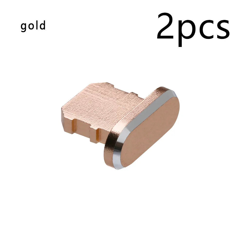 Aluminium alloy charging port dust plug for iPhone in various colours including gold, silver, blue, and rose gold.