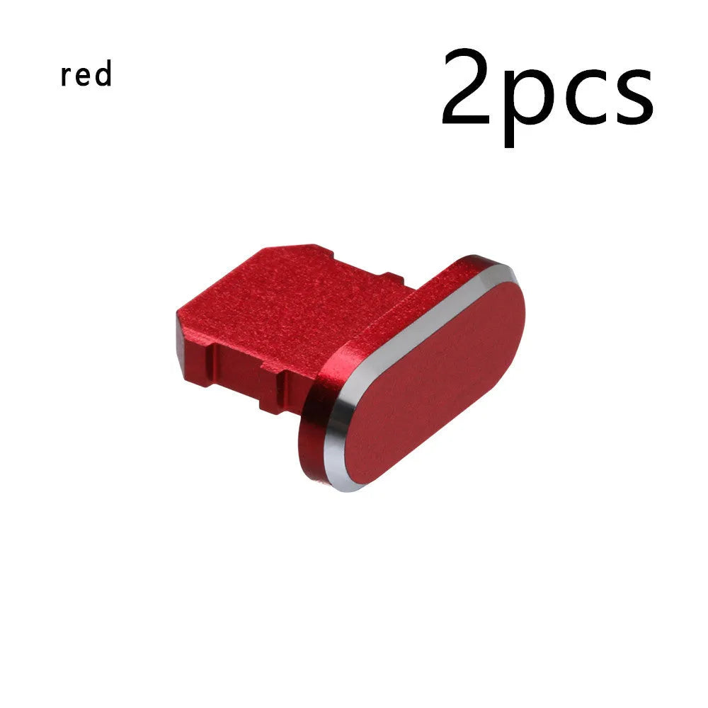 Aluminium alloy charging port dust plug for iPhone in various colours including gold, silver, blue, and rose gold.