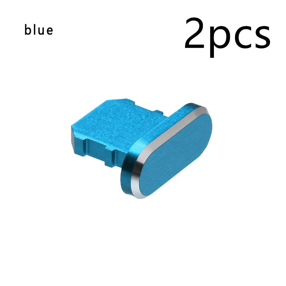 Aluminium alloy charging port dust plug for iPhone in various colours including gold, silver, blue, and rose gold.