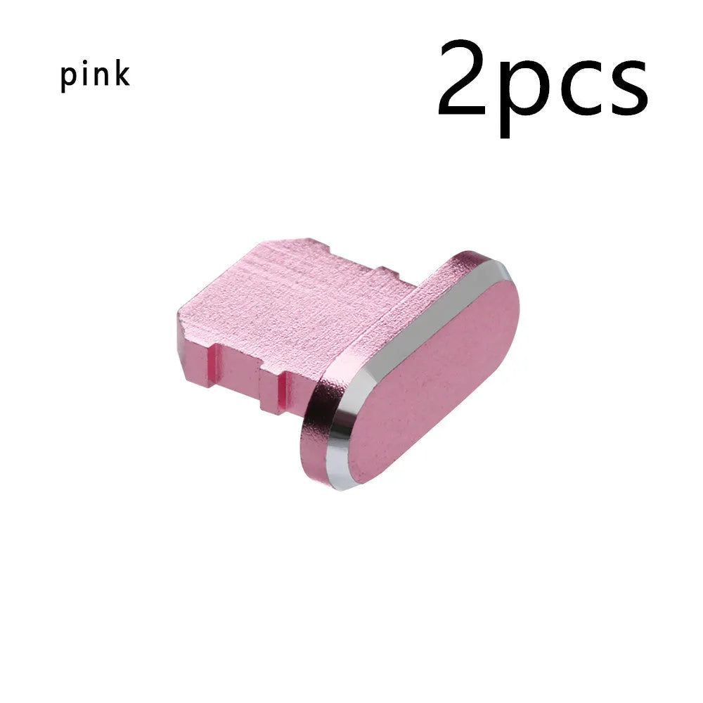 Aluminium alloy charging port dust plug for iPhone in various colours including gold, silver, blue, and rose gold.