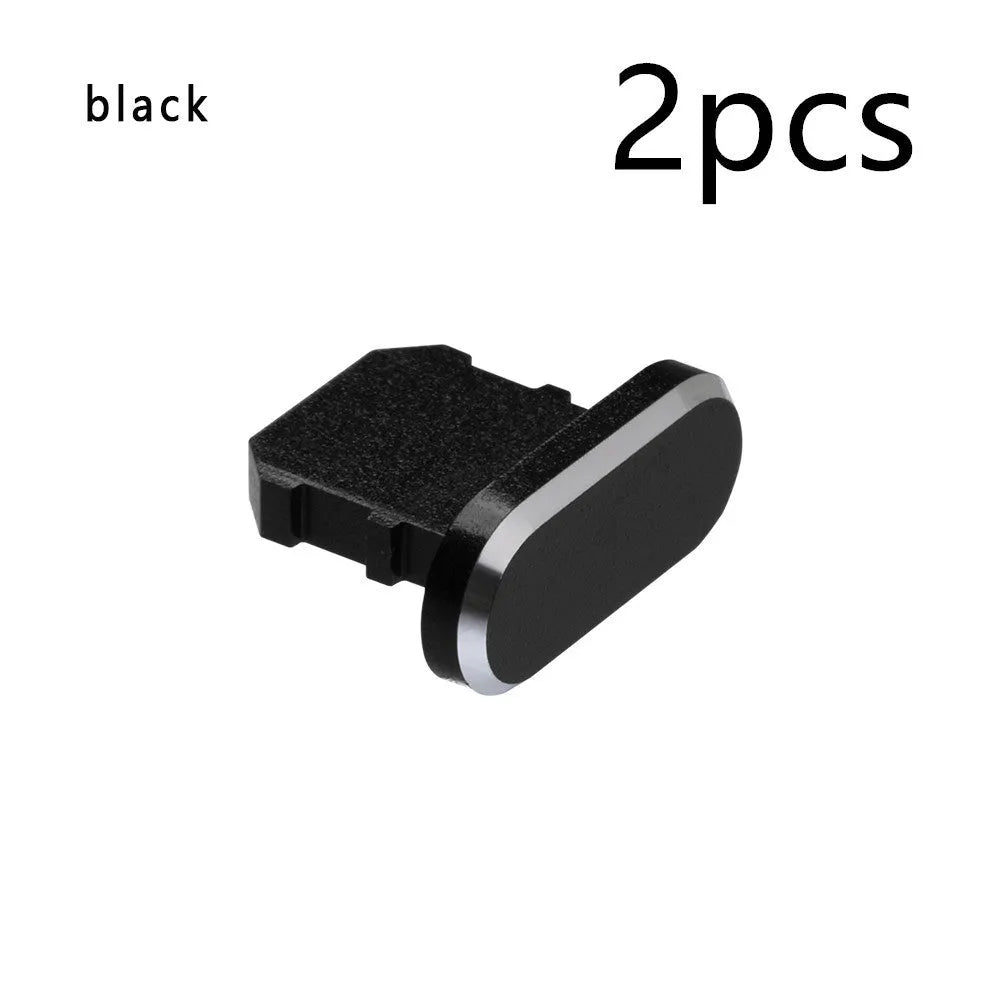 Aluminium alloy charging port dust plug for iPhone in various colours including gold, silver, blue, and rose gold.