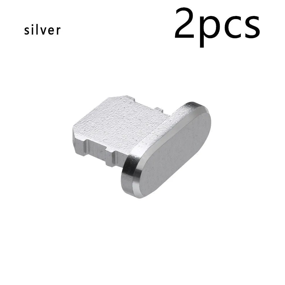 Aluminium alloy charging port dust plug for iPhone in various colours including gold, silver, blue, and rose gold.