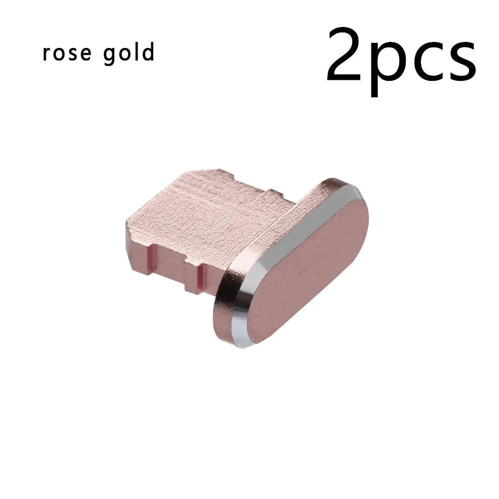 Aluminium alloy charging port dust plug for iPhone in various colours including gold, silver, blue, and rose gold.