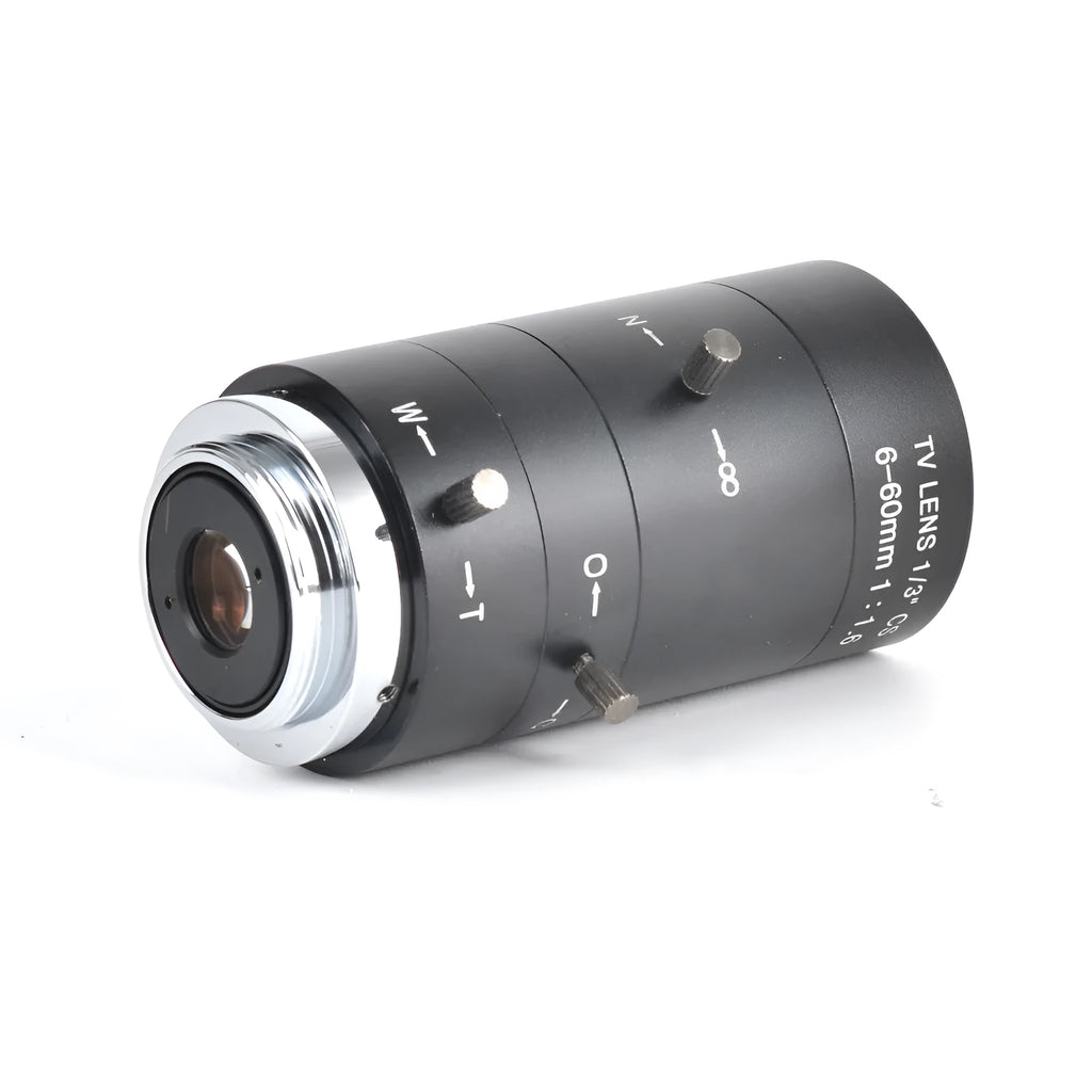 Black manual aperture CS-mount CCTV camera lens with 6-60mm focal length shown on a white background.