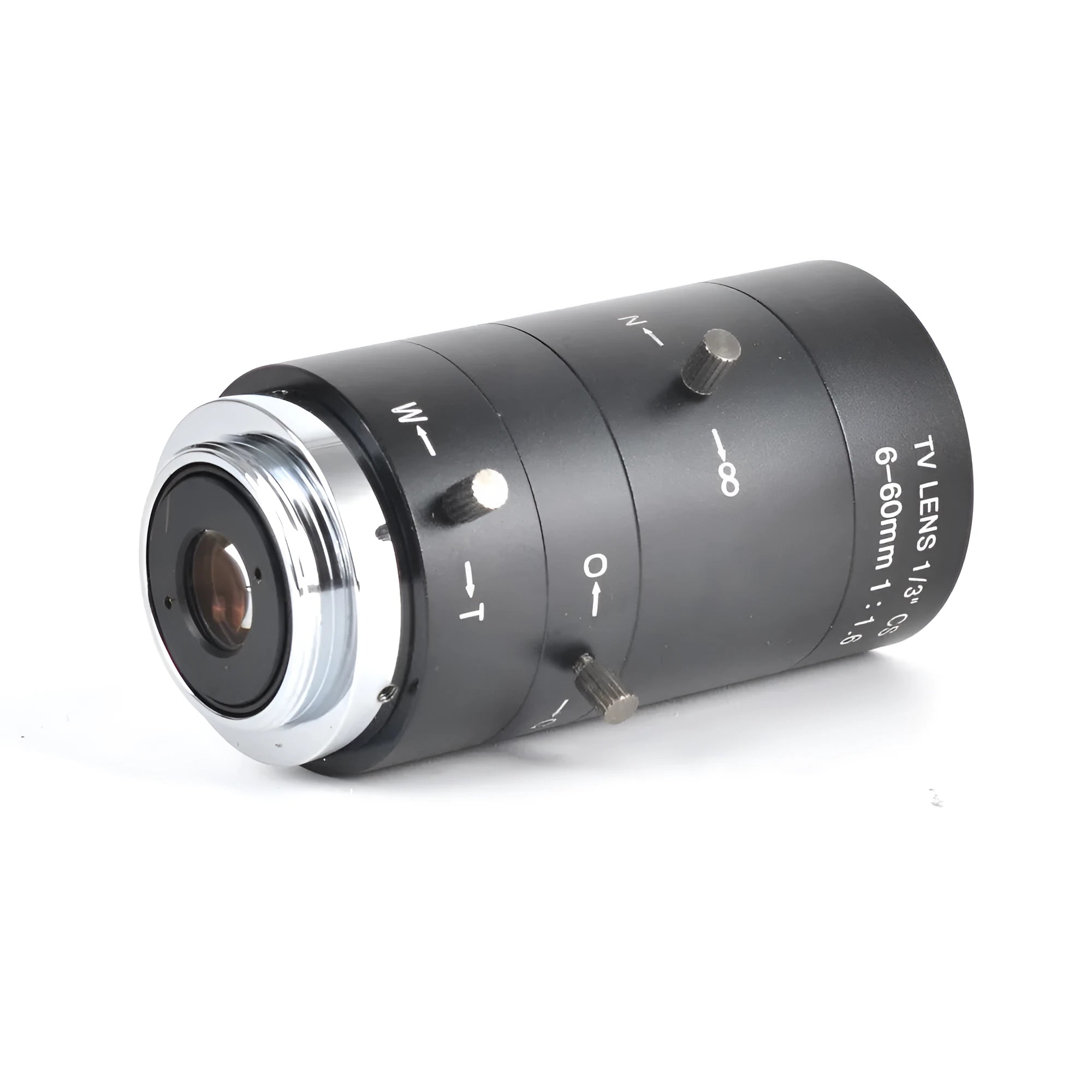 Black manual aperture CS-mount CCTV camera lens with 6-60mm focal length shown on a white background.