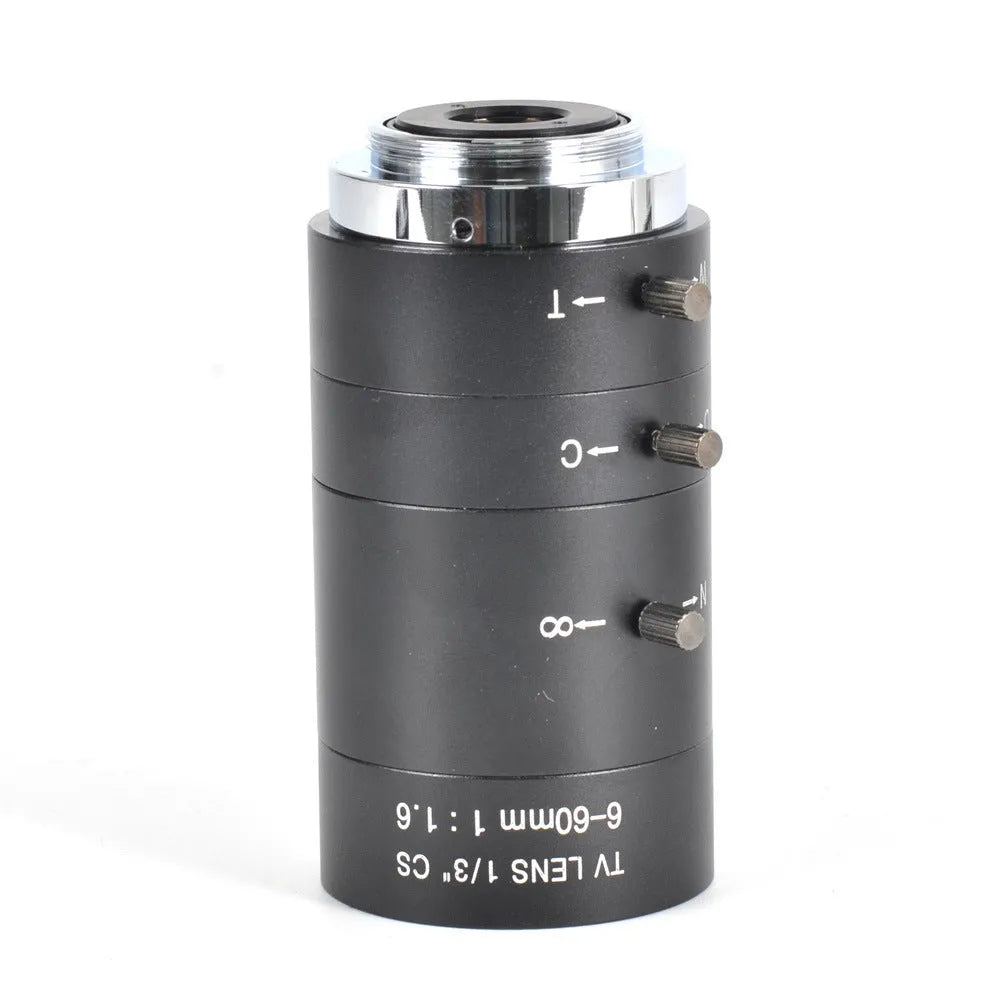 Black manual aperture CS-mount CCTV camera lens with 6-60mm focal length shown on a white background.