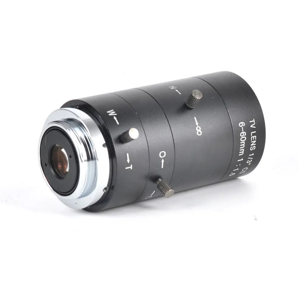 Black manual aperture CS-mount CCTV camera lens with 6-60mm focal length shown on a white background.
