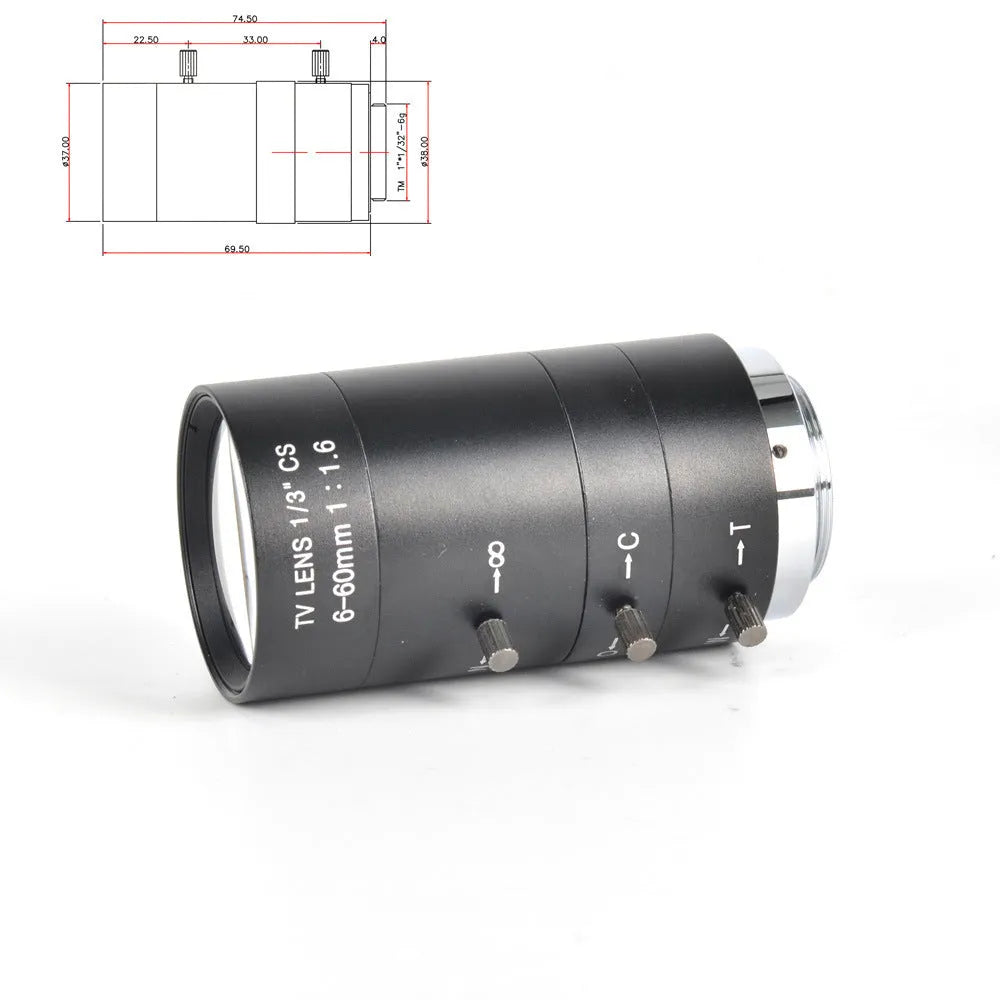 Black manual aperture CS-mount CCTV camera lens with 6-60mm focal length shown on a white background.