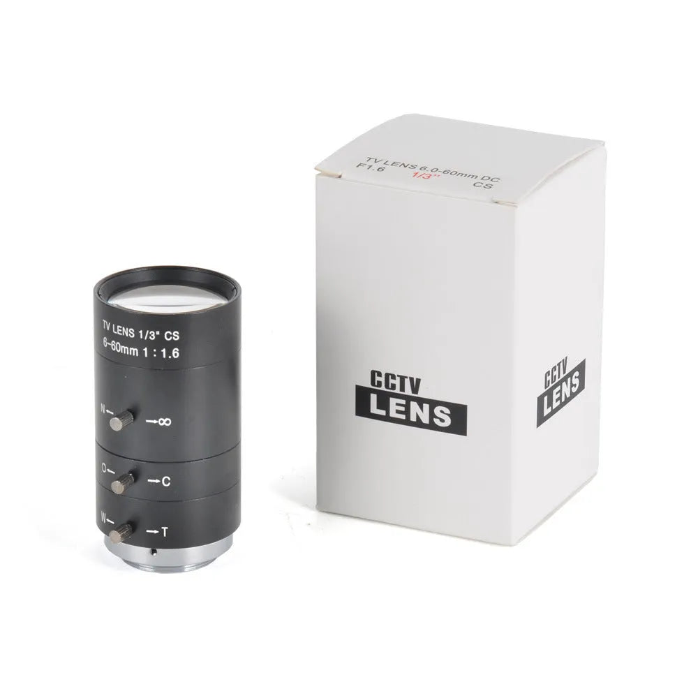 Black manual aperture CS-mount CCTV camera lens with 6-60mm focal length shown on a white background.