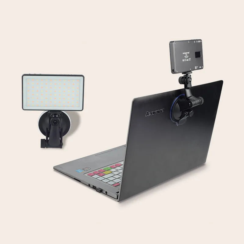 Black aluminium alloy LED video conference light panel with 96 LEDs, showing Type-C port and 1/4 inch mount thread.